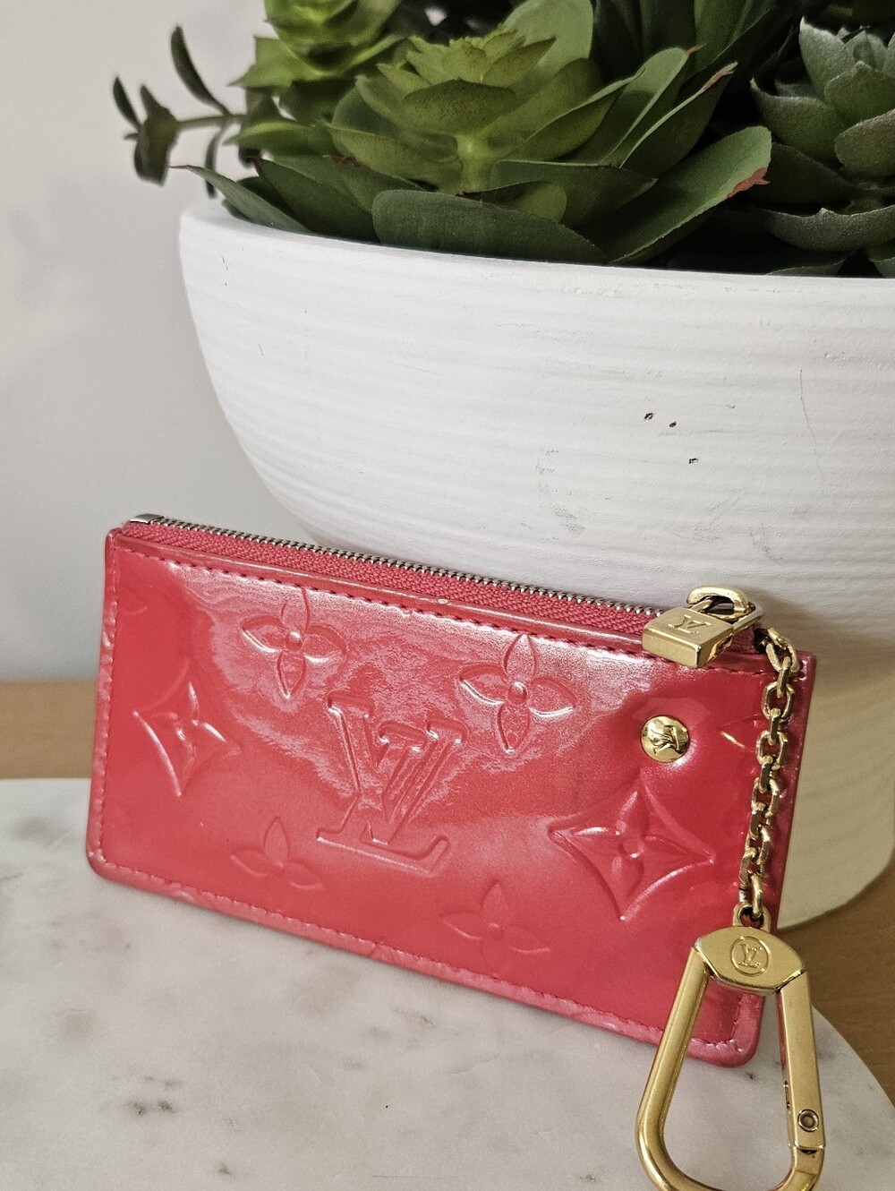 Louis Vuitton Pink Vernis Patent Leather Monogram Zip Wallet Key Pouch 💖